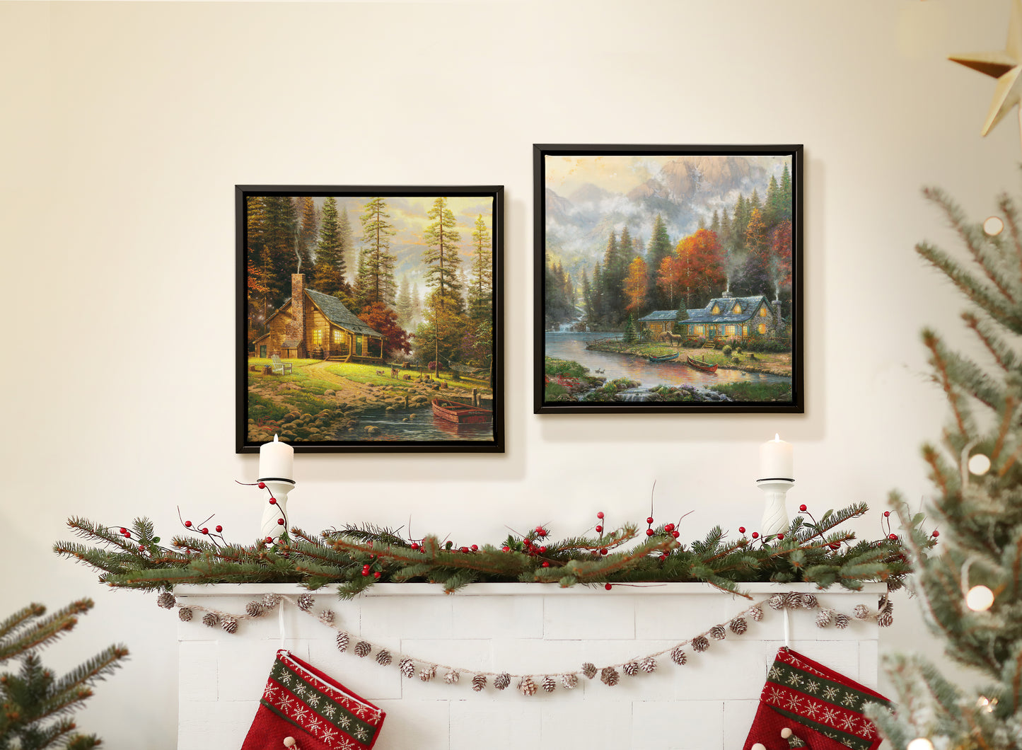 Evening on Autumn Lake/Peaceful Retreat Set - 14" x 14" Canvas Wall Mural (Onyx Black Frame)