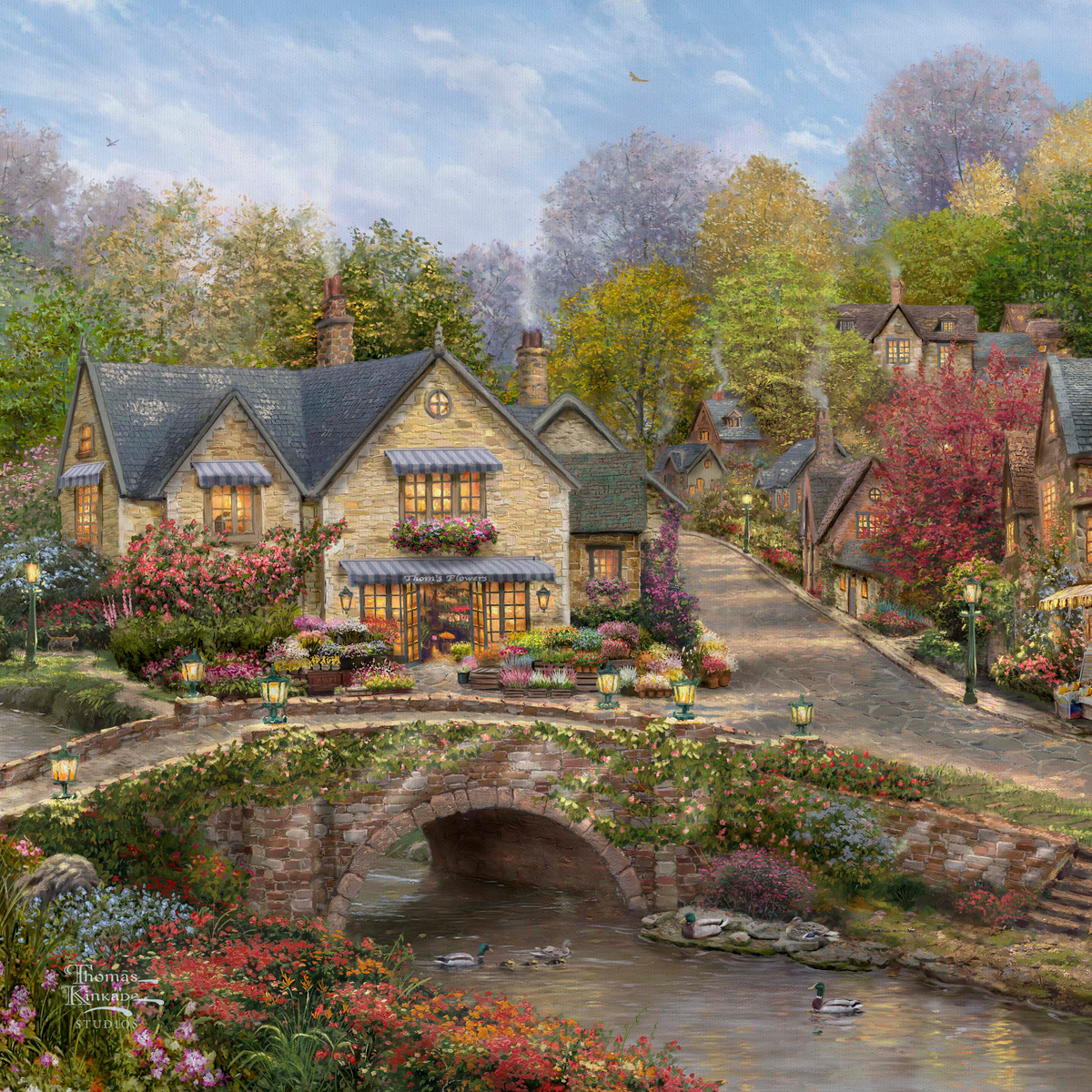 Summer in Cobblestone Village - 14" x 14" Gallery Wrapped Canvas