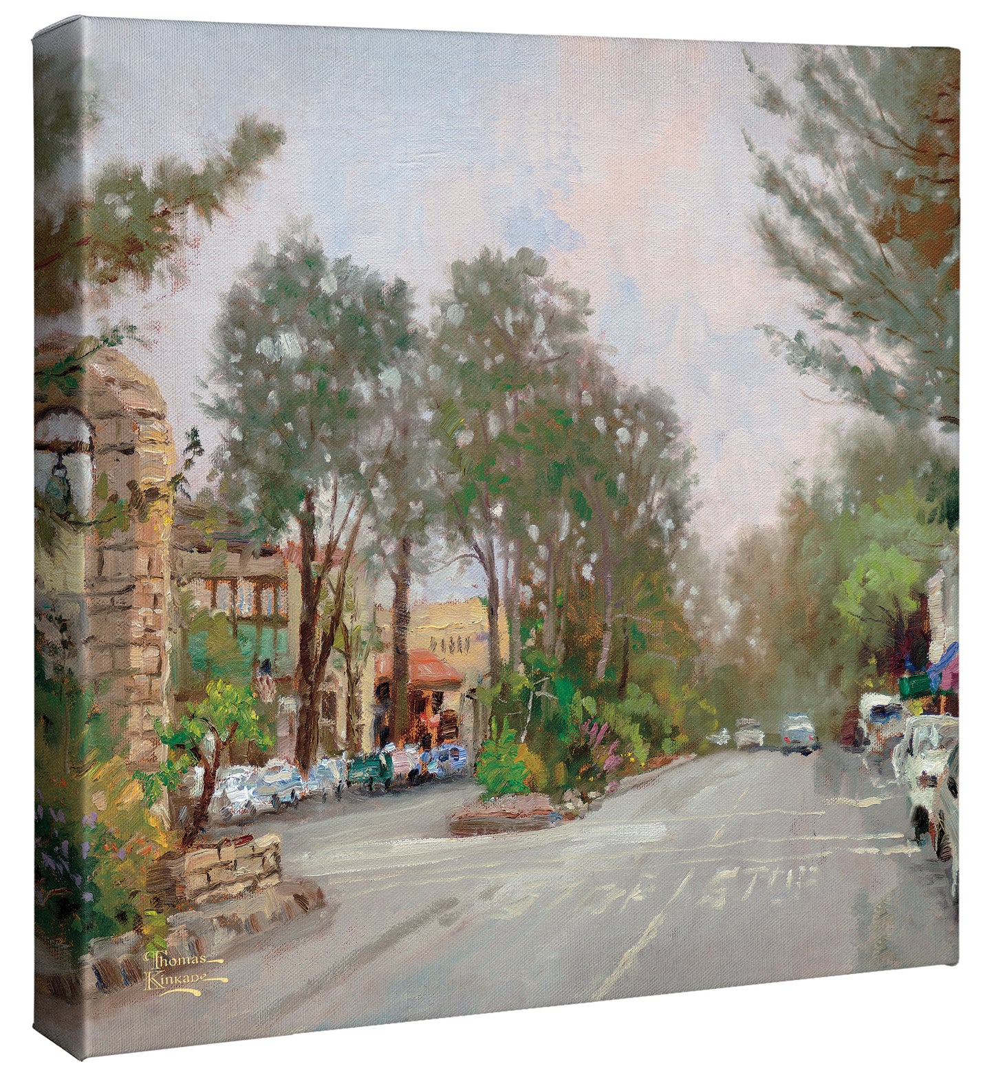 Carmel, Ocean Avenue on a Rainy Afternoon - 14" x 14" Gallery Wrapped Canvas