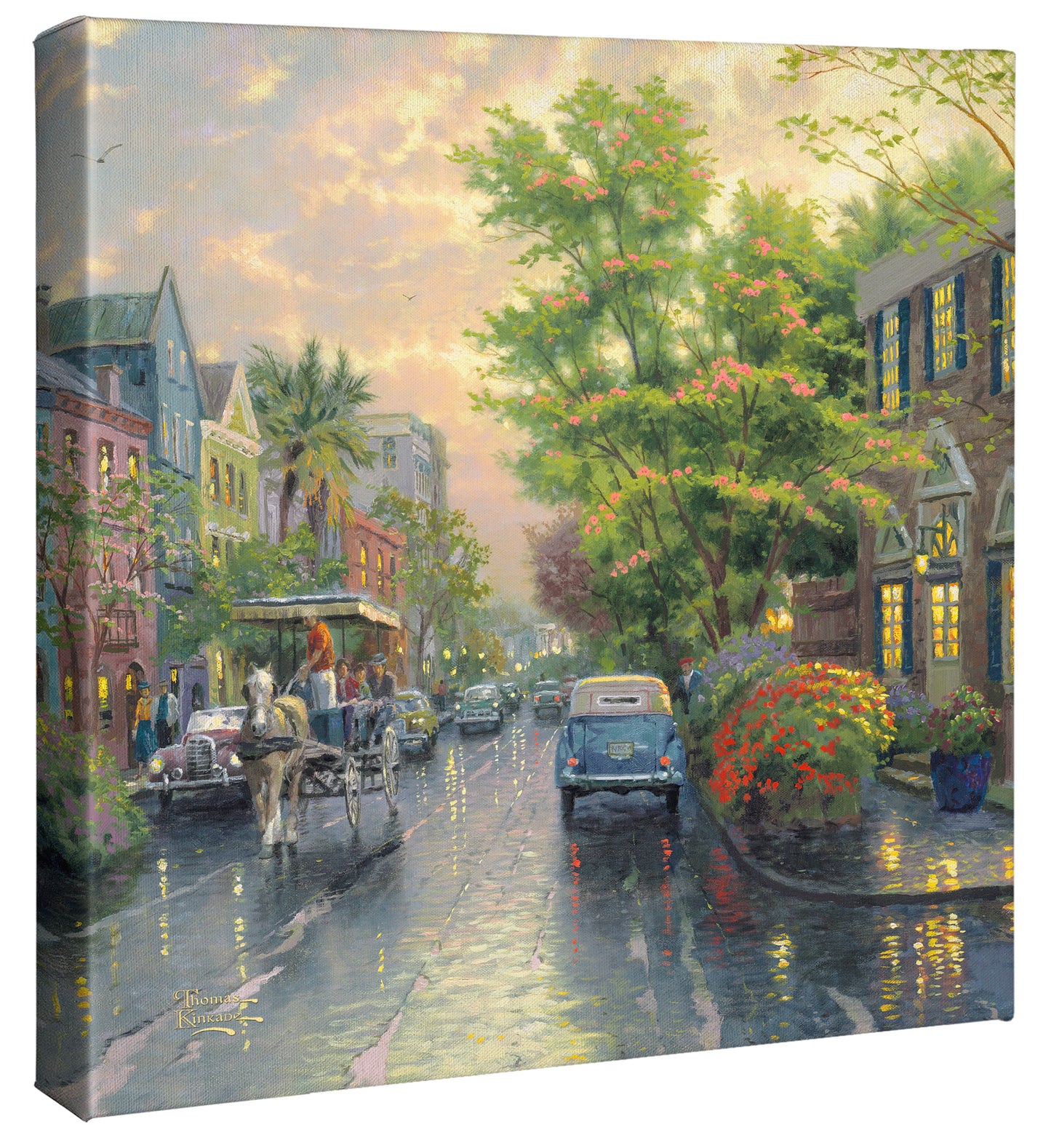 Charleston, Sunset on Rainbow Row - 14" x 14" Gallery Wrapped Canvas