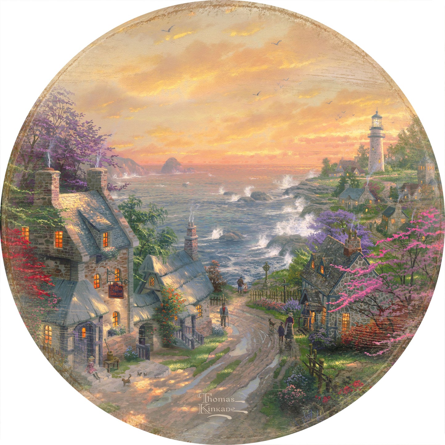 The Village Lighthouse - 12.5" Round Wood Sign