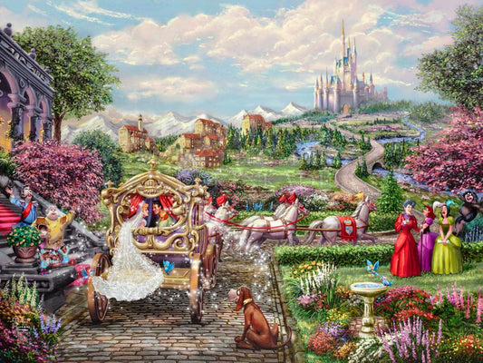 A magical Disney Princess art scene by Thomas Kinkade Studios showing Cinderella and Prince Charming in a golden carriage with fairytale characters, lush gardens, and a sparkling castle in the distance.