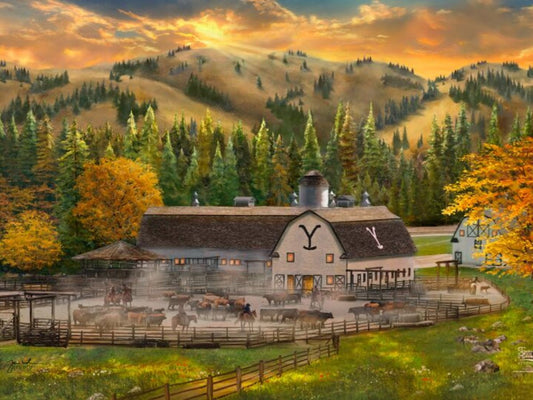 A detailed landscape art print of a Western cattle ranch at sunset, featuring a large barn, grazing cattle, and forested mountain hills glowing with autumn light.