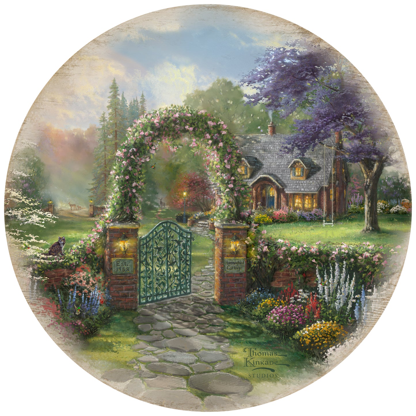 Hummingbird Cottage - 12.5" Round Wood Sign